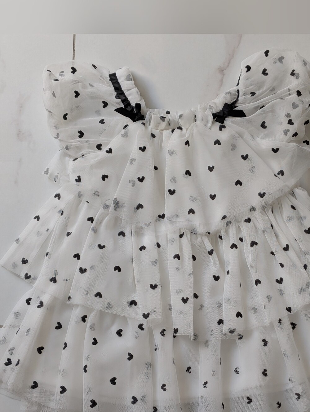 Nannette White Dress with Black Heart Print and Ruffle Tiers